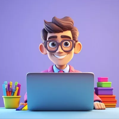 عکس تصویری سه بعدی از یک کارمند با لپ تاپ در حال کار در دفتر