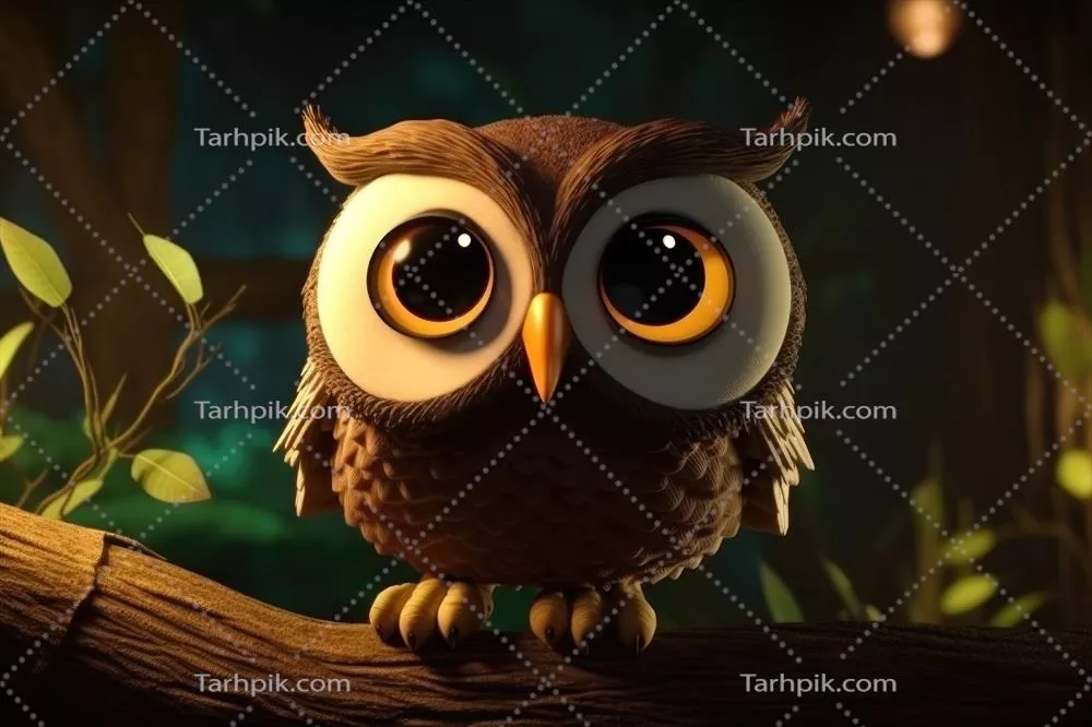 عکس جغد سالخورده و دانا با چشمان بزرگ در شب بر روی شاخه نشسته است