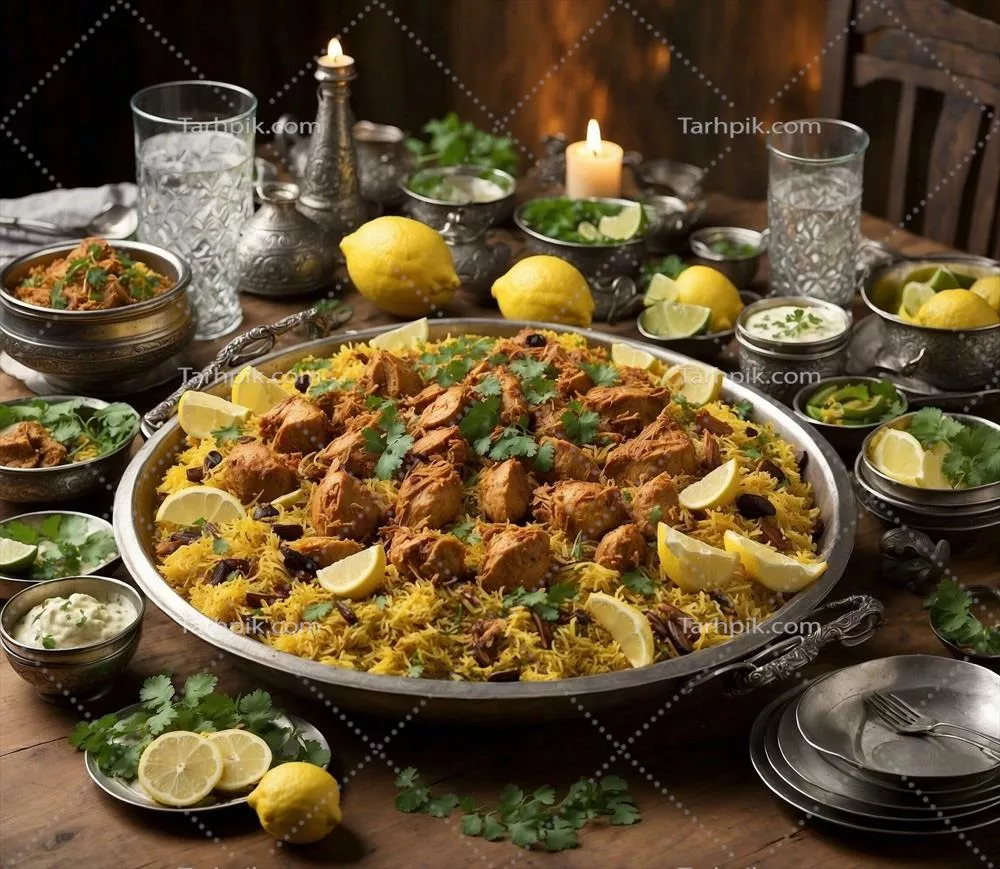 عکس پلو مرغ و سبزیجات با طراحی هوش مصنوعی بر روی پس زمینه چوبی