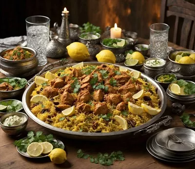 عکس پلو مرغ و سبزیجات با طراحی هوش مصنوعی بر روی پس زمینه چوبی