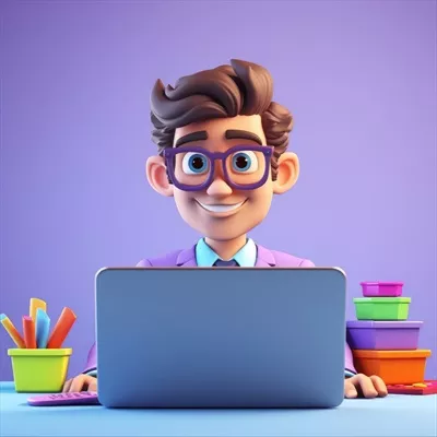 عکس تصویری سه بعدی از یک کارمند با لپ تاپ در حال کار در دفتر