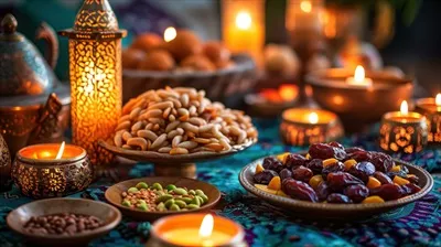 عکس محیطی گرم و دلنشین با شمع و خوراکی های سنتی برای دورهمی
