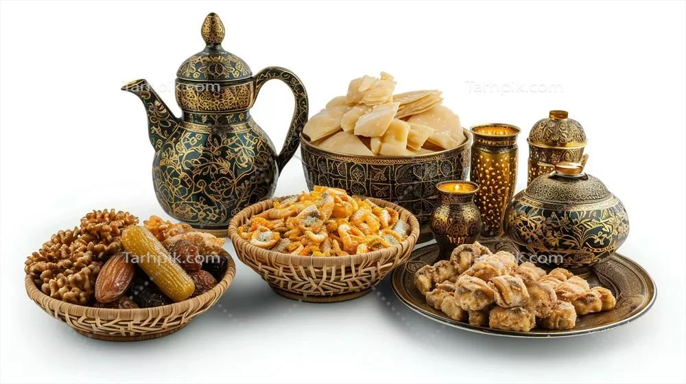 عکس شیرینی های خوشمزه و تزئینات زیبا از خاورمیانه با چای خوری های طلایی