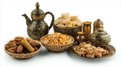 عکس شیرینی های خوشمزه و تزئینات زیبا از خاورمیانه با چای خوری های طلایی