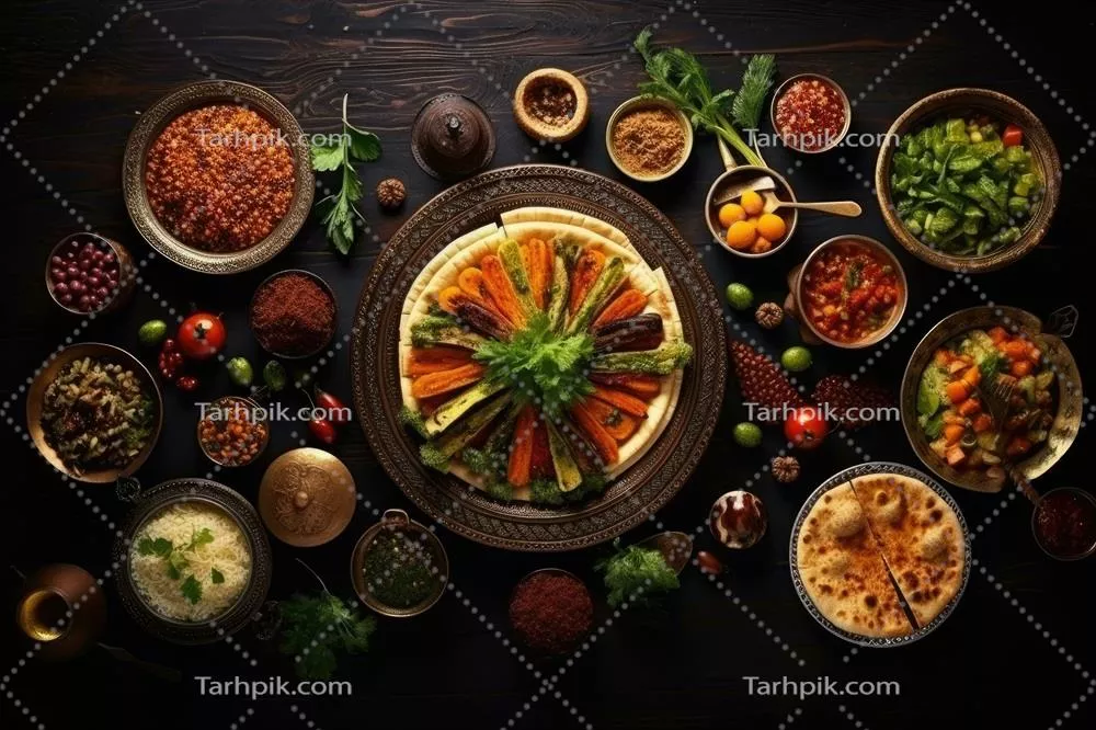 عکس نمایی زیبا از غذاهای سنتی مکزیکی بر روی میز چوبی برای افطار
