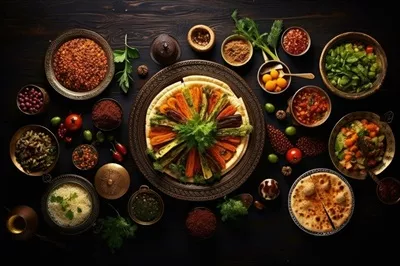 عکس نمایی زیبا از غذاهای سنتی مکزیکی بر روی میز چوبی برای افطار
