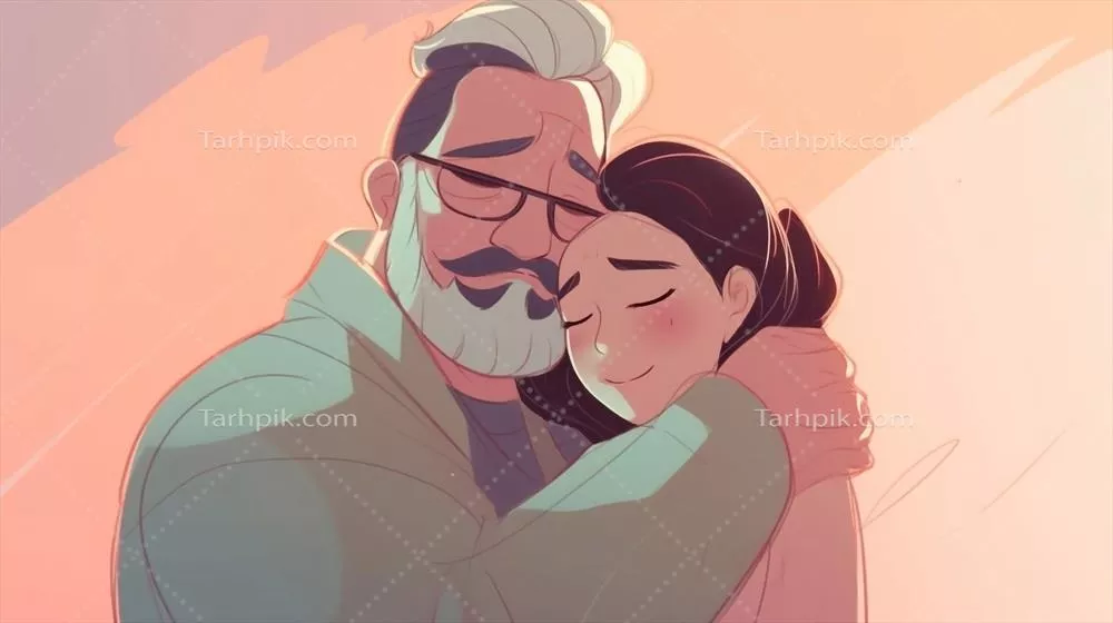 عکس تصویری دلنشین از آغوش گرم پدر برای دخترش در سبک کارتونی