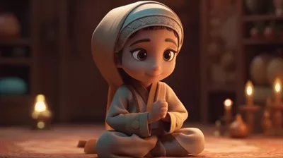 عکس کاریکاتور دوست داشتنی از یک کودک مسلمان با حجاب در جشن عید مبارک