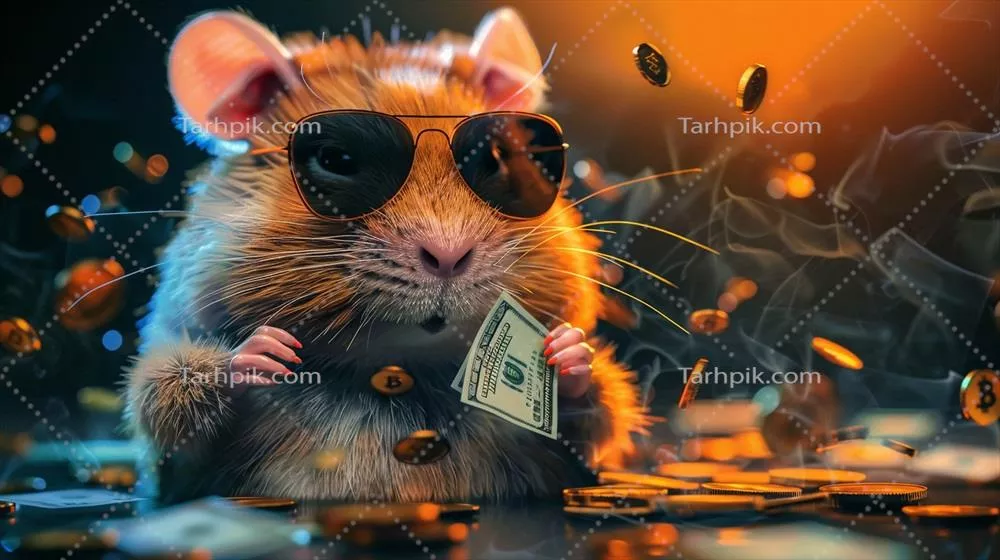 عکس همستر شاد و رنگارنگ با پول در دستانش در پس زمینه ارز دیجیتال