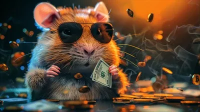 عکس همستر شاد و رنگارنگ با پول در دستانش در پس زمینه ارز دیجیتال