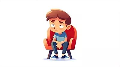 عکس تصویری از یک پسر غمگین نشسته در صندلی راحتی به سبک کارتونی
