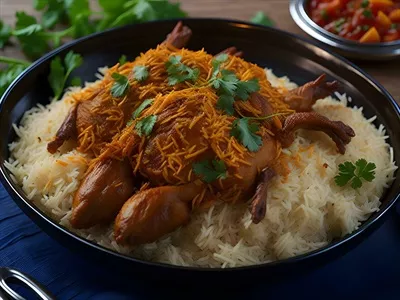 عکس برنج زعفرانی با مرغ بریانی: ترکیبی از عطر و طعم های دلپذیر