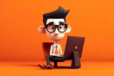 عکس تصویری سه بعدی از یک شخصیت کارتونی با لپ تاپ در پس زمینه نارنجی