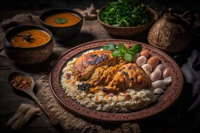 عکس غذای یمنی: مرغ با برنج - تصویرسازی هنری و خلاقانه