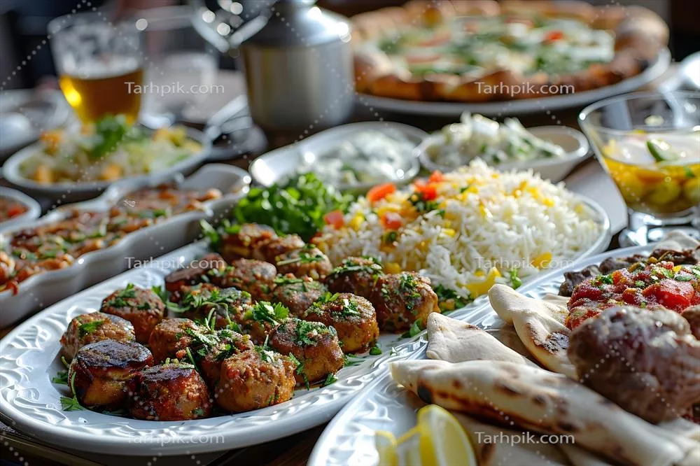 عکس مجموعه ای از غذاهای متنوع و نوشیدنی های خوشمزه روی میز