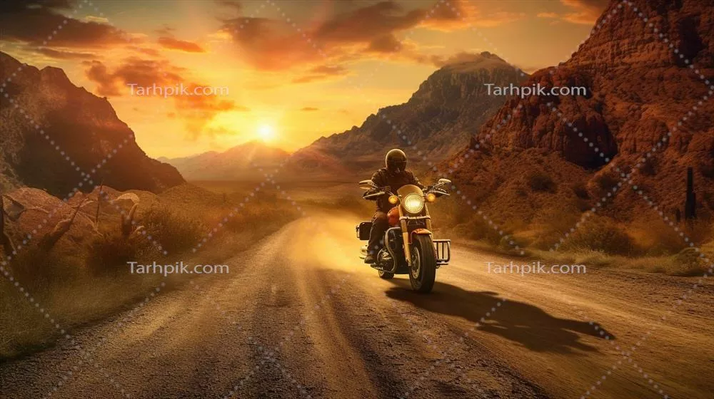 عکس تصویری زیبا از یک موتورسوار در حال رانندگی در غروب آفتاب