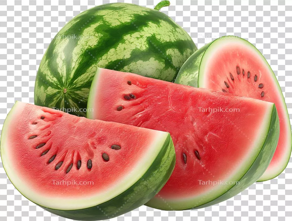عکس دوربری تکه ای از هندوانه تازه و خوشمزه بر روی پس زمینه شفاف