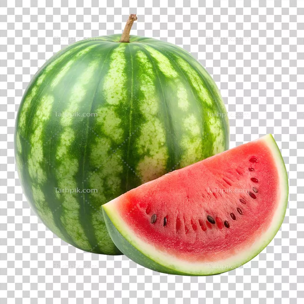 عکس دوربری تکه ای از هندوانه تازه و خوشمزه بر روی پس زمینه ای ساده و زیبا