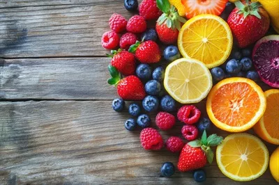 عکس مجموعه ای رنگارنگ از میوه های تازه تابستانی بر روی میز چوبی