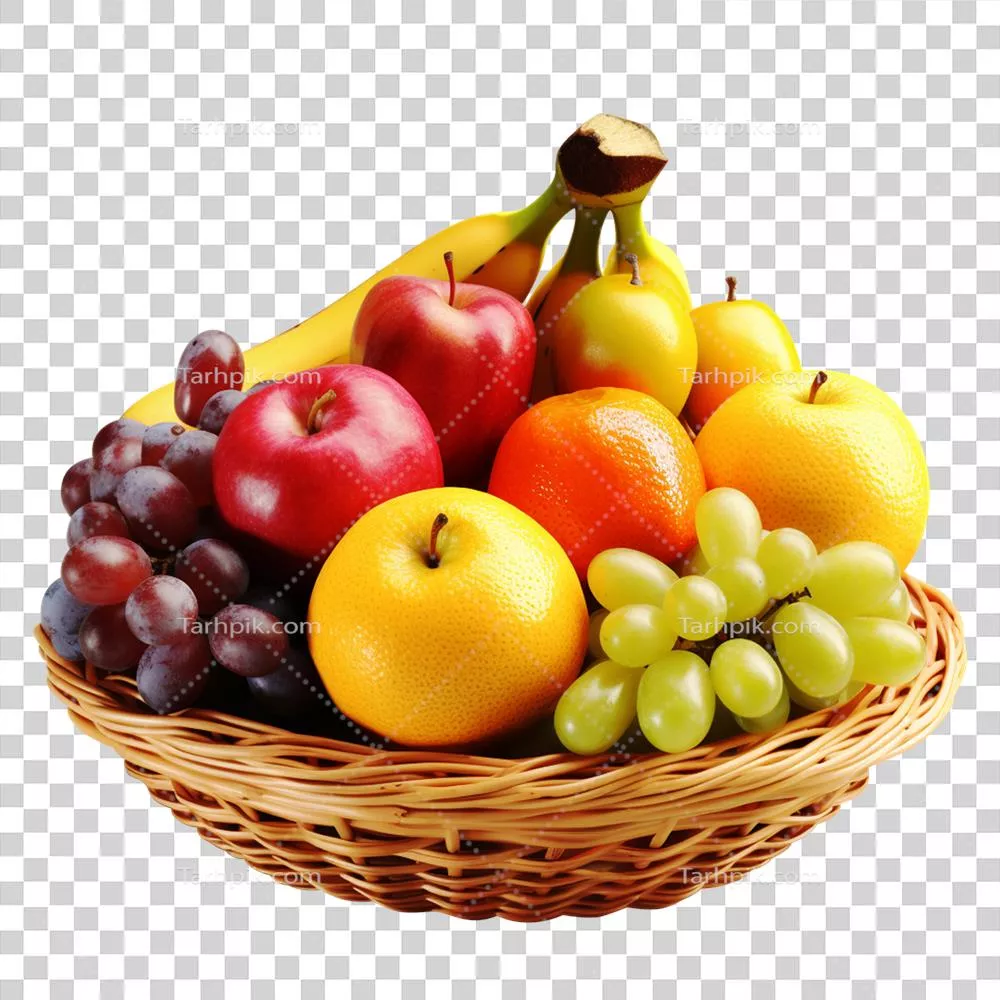 عکس دوربری سبد میوه تازه با میوه های رنگارنگ و متنوع در پس زمینه شفاف