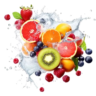 عکس دوربری میوه های تازه و خوشمزه در حال پرتاب شدن به سمت آب