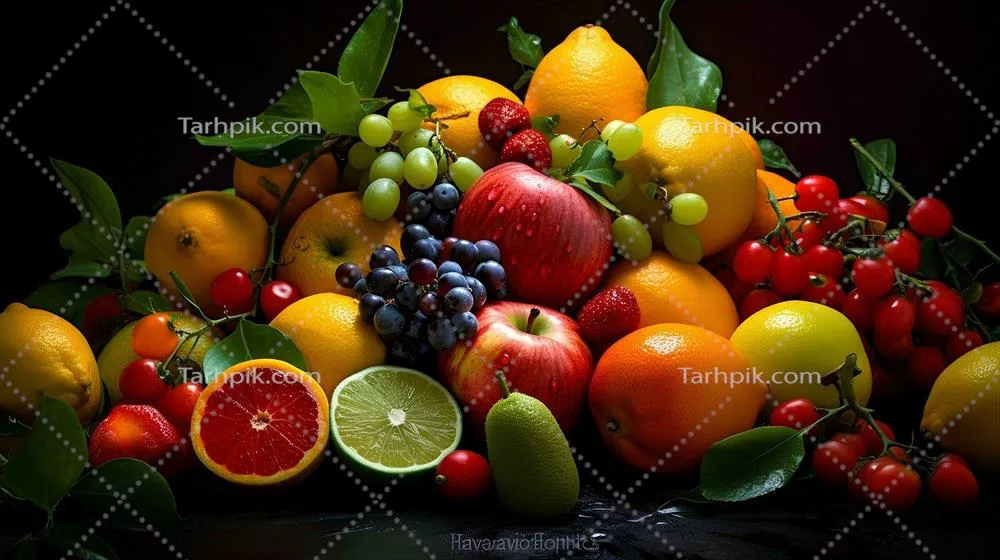 عکس ترکیب تازه میوه های خوشمزه شامل پرتقال و سیب به صورت هوش مصنوعی