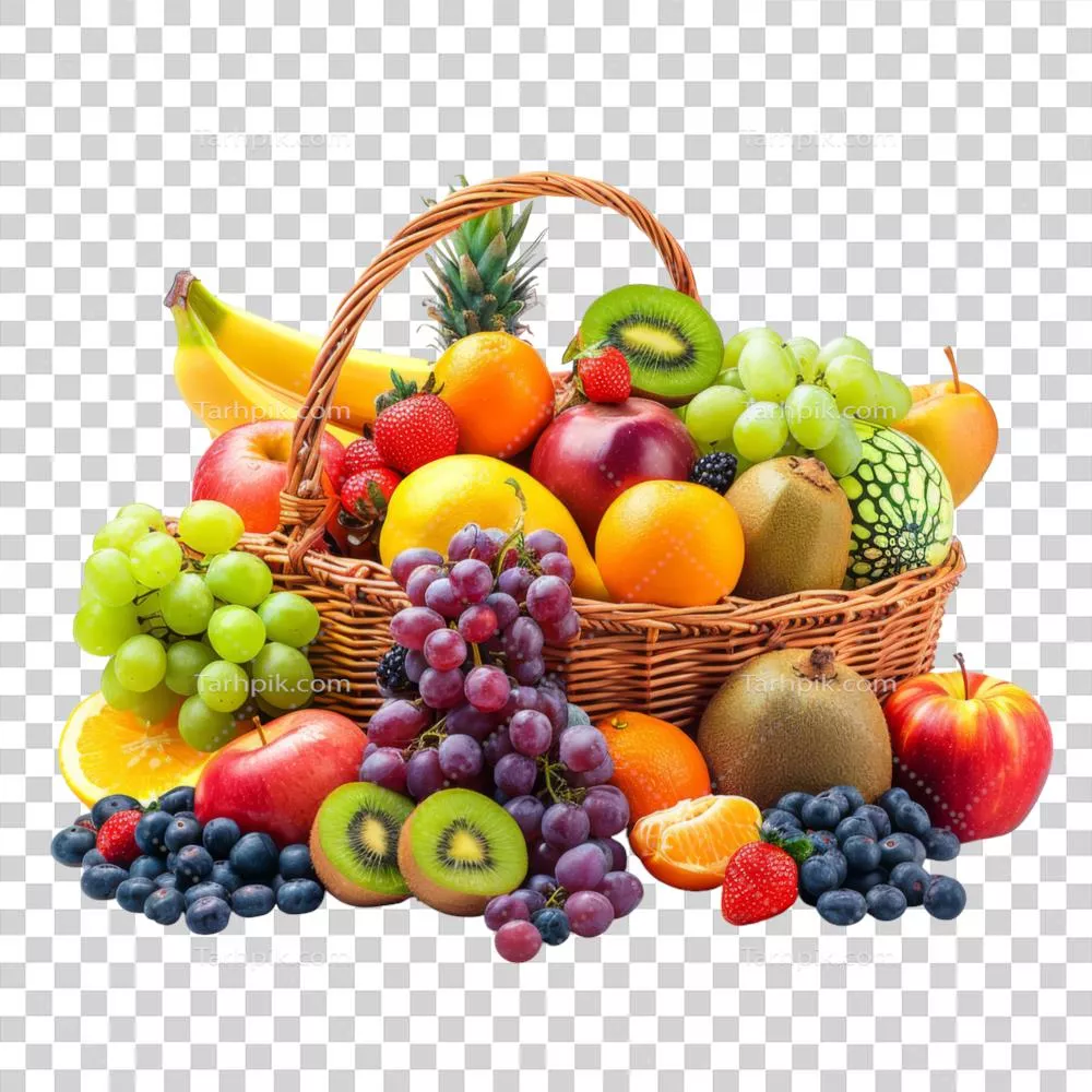 عکس دوربری تصویری واقع گرایانه از سبد میوه با طراحی شفاف و زیبا