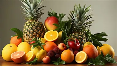 عکس تنوع و تازگی میوه های استوایی بر روی میزی رنگارنگ و جذاب