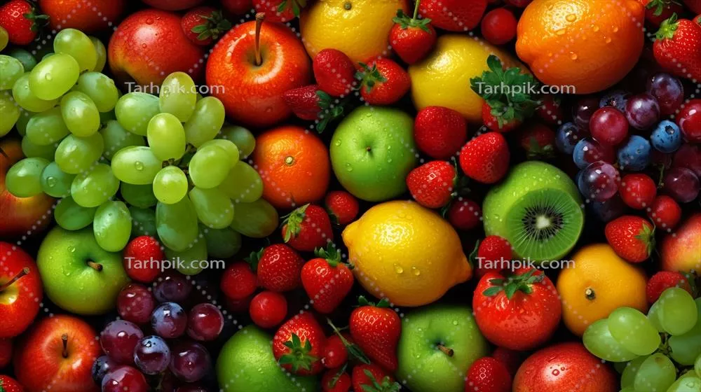 عکس تصویری زیبا از میوه های آبدار و رنگارنگ در نمای بالا