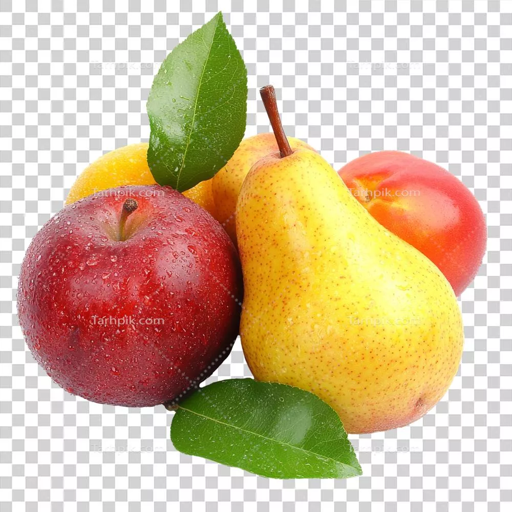 عکس دوربری تصویری زیبا از سیب و گلابی تازه با برگ های سبز در پس زمینه شفاف