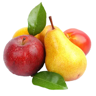 عکس دوربری تصویری زیبا از سیب و گلابی تازه با برگ های سبز در پس زمینه شفاف