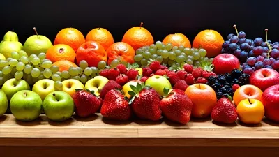 عکس مخلوطی از میوه های تازه و رنگارنگ در پس زمینه ای زیبا