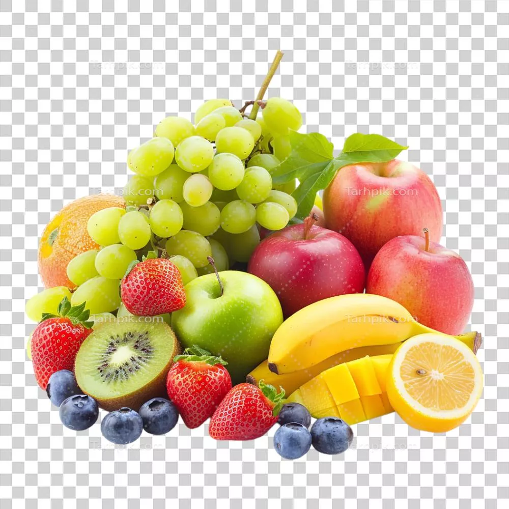 عکس دوربری ترکیب میوه های تازه و رنگارنگ بر روی پس زمینه شفاف
