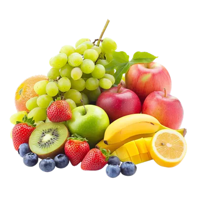 عکس دوربری ترکیب میوه های تازه و رنگارنگ بر روی پس زمینه شفاف