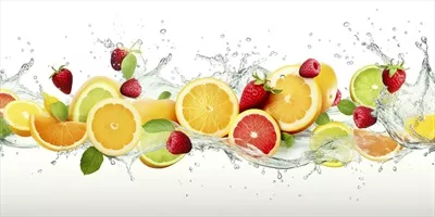عکس تصویری زیبا از چرخش آب و میوه ها با یخ در حال ریختن