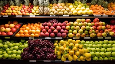 عکس نمایشگاهی از میوه های تازه و رنگارنگ در فروشگاه محلی