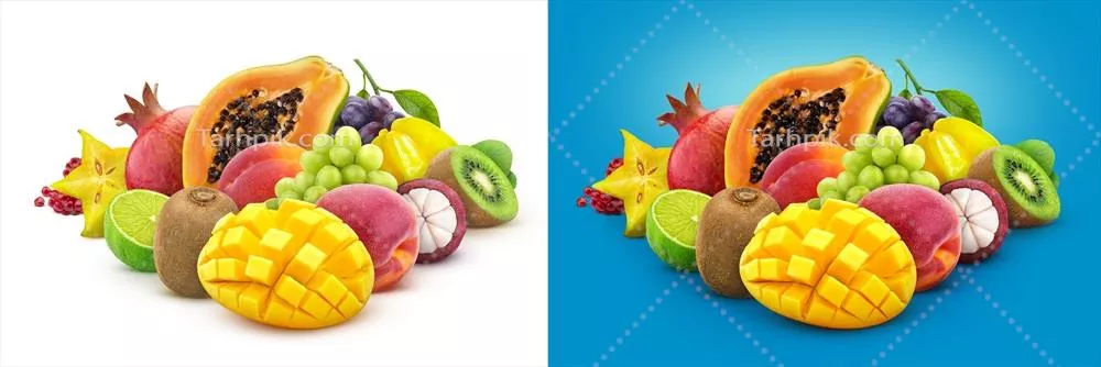 عکس مجموعه ای از میوه های تازه و عجیب و غریب در یک سبد رنگارنگ