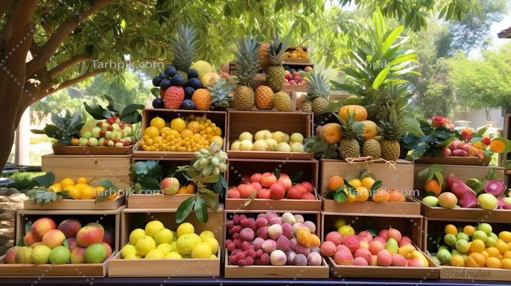 عکس میوه های تازه چیده شده یانگ می از باغ، در جعبه های چوبی قرار گرفته اند