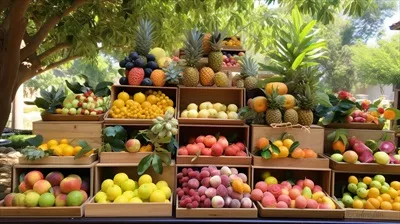 عکس میوه های تازه چیده شده یانگ می از باغ، در جعبه های چوبی قرار گرفته اند