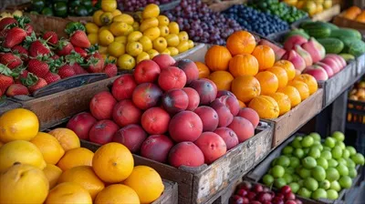 عکس مجموعه ای از میوه های متنوع و رنگارنگ در بازار به نمایش درآمده است