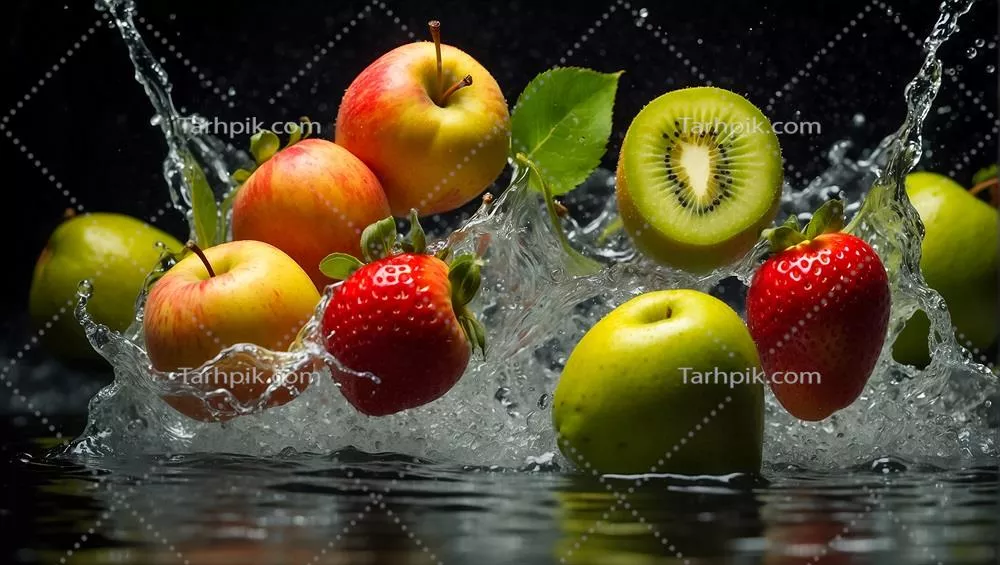 عکس میوه های تازه و رسیده با قطرات آب درخشان و جذاب