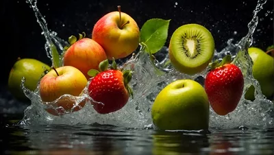 عکس میوه های تازه و رسیده با قطرات آب درخشان و جذاب