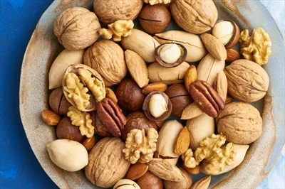 عکس ترکیب کلاسیک آجیل در بشقاب: گردو، بادام، فندق و ماکادامیا