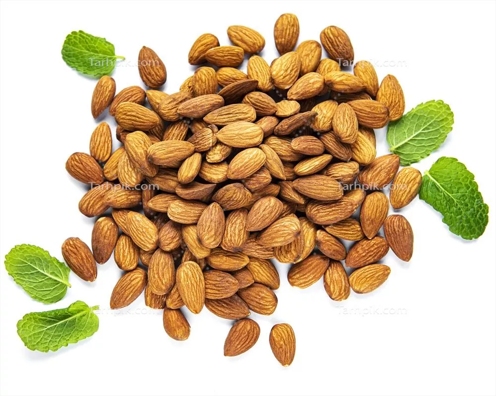 عکس آجیل بادام تازه و خوشمزه بر روی پس زمینه سفید