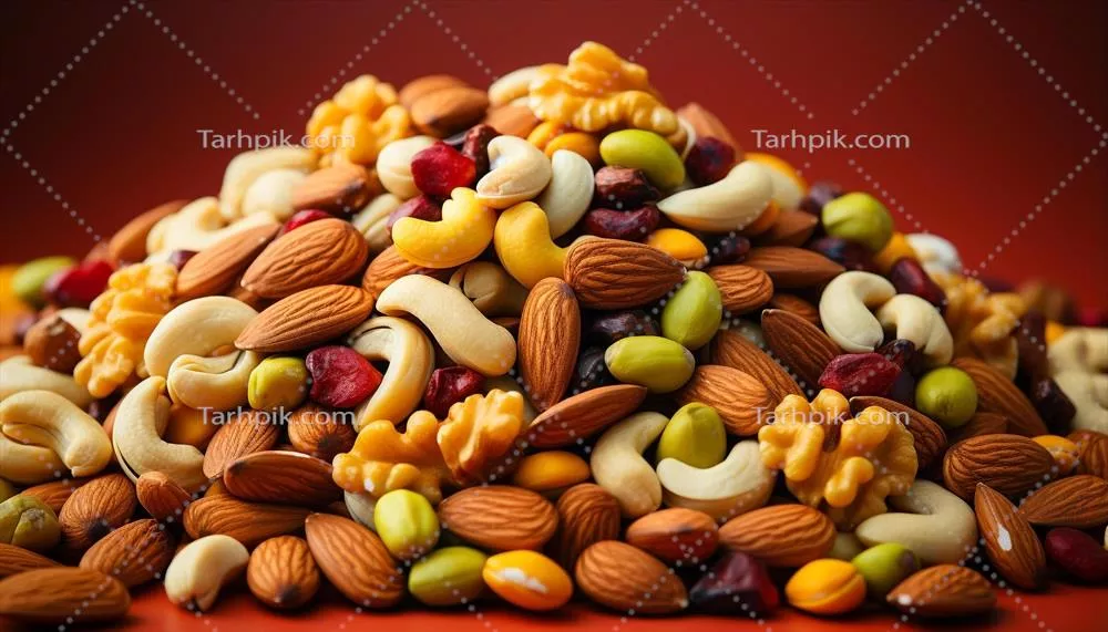 عکس تصویری از تنوع مغزها و میوه ها برای تغذیه سالم با استفاده از هوش مصنوعی