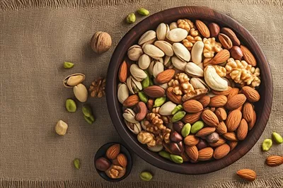 عکس تنوع فراوان آجیل ها در یک بشقاب چوبی بر روی پارچه کنفی