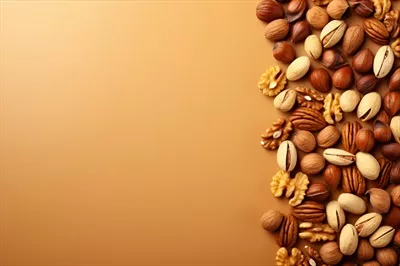عکس نمایش آجیل بر روی پس زمینه قهوه ای روشن با فضای متنی