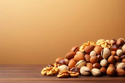 عکس نمایش آجیل بر روی پس زمینه قهوه ای روشن با فضای متنی