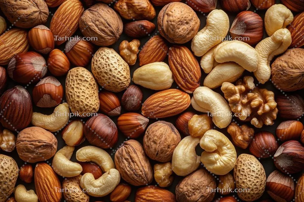 عکس ترکیب متنوع و خوشمزه از مغزها به عنوان پس زمینه ای بافت دار و طبیعی