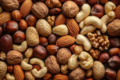 عکس ترکیب متنوع و خوشمزه از مغزها به عنوان پس زمینه ای بافت دار و طبیعی